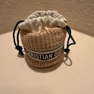 Christian Dior Beauty Mini Raffia Drawstring Top Bag Blue White Logo Coastal